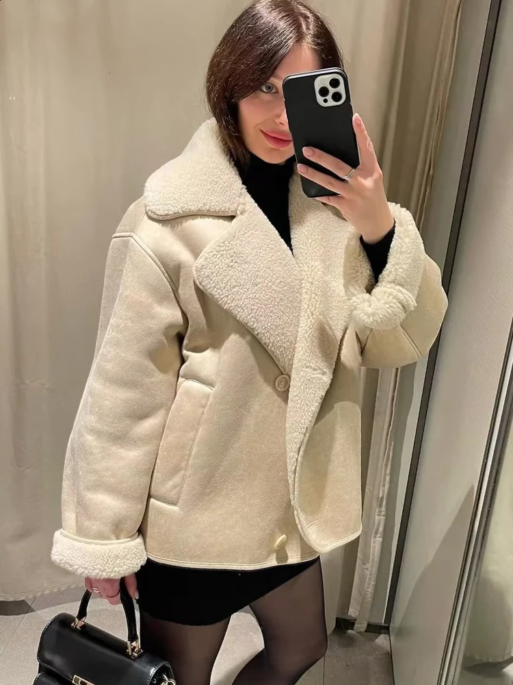 Y2K TRAF beige womens wool jacket for winter 2024 thick and warm single-layer jacket womens long sleeved pocket loose jacket 240823
