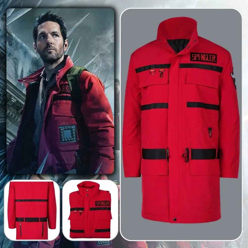 Costume Parka rouge, veste de cosplay en latex avec fermeture éclair sur le devant et plusieurs poches pour les fêtes d'Halloween, les événements