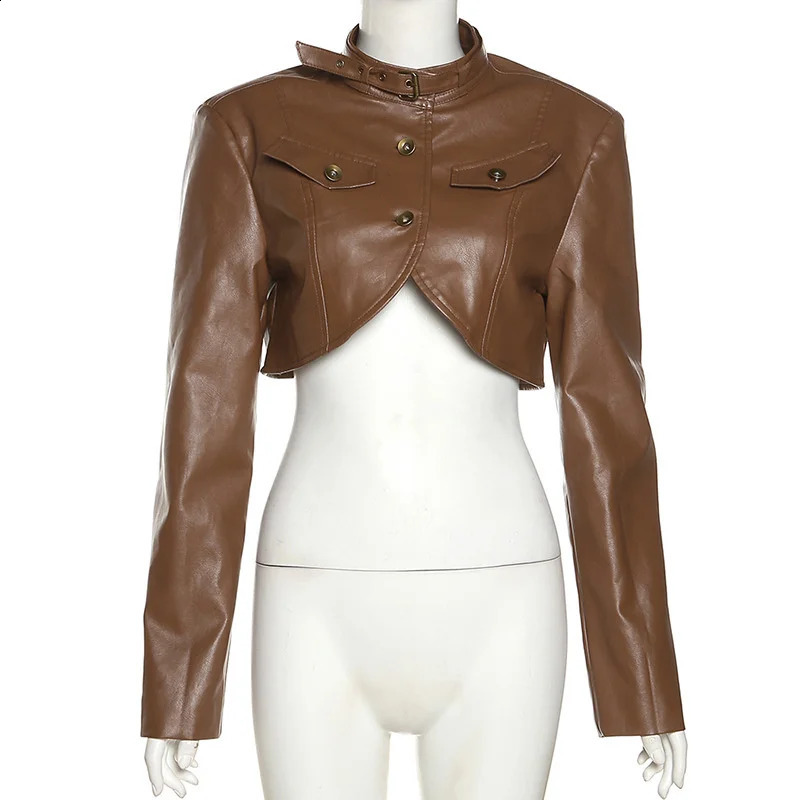 Autumn Winter Street Clothing Ultra Short Leather Jacket Womens High Waist Sexy Exposed Navy Blue Brown PU Leather Jacket Womens Coat 240824