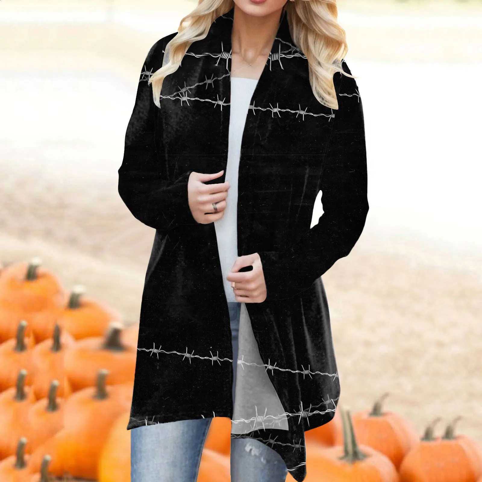 Personnalité cardigan léger d'automne Halloween imprimé lâche manche longue pull ouverte femme décontractée confortable