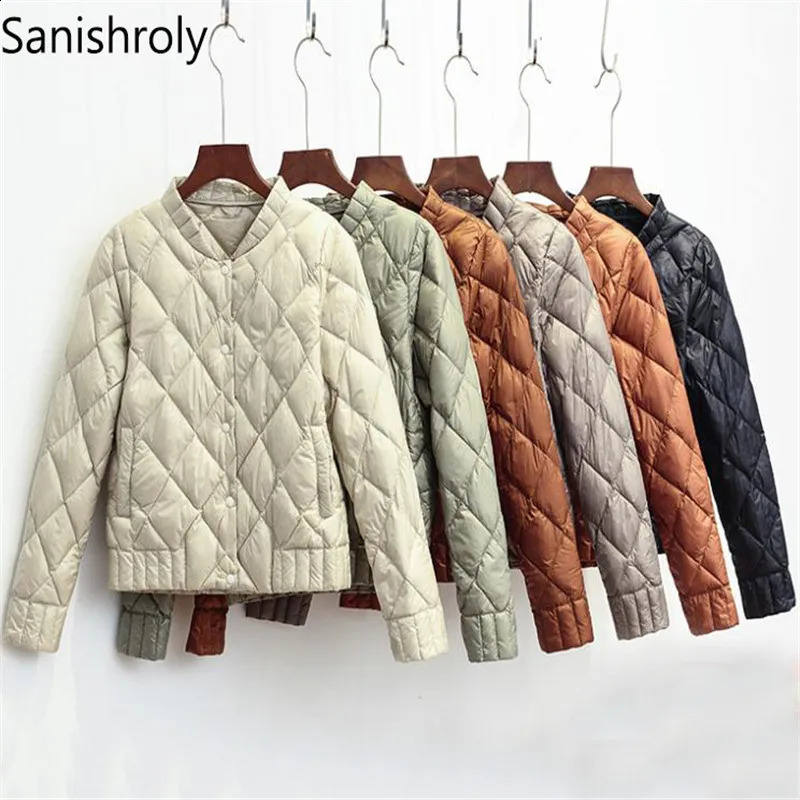 Women V-Neck Lingge White Duck Down Jacket Autumn Winter Female Ultra Light Down Coat Parka Single-breasted Short Tops S269 240824