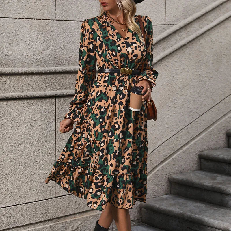 European and American Autumn Womens Mid to Long Sleeved Leopard Print Dress 240824
