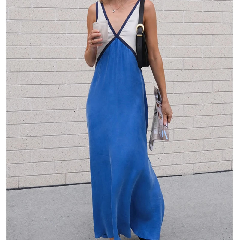 Womens Y2k Fairycore V-neck Maxi dress sleeveless satin patch work dress elegant bohemian summer beachwear 240824