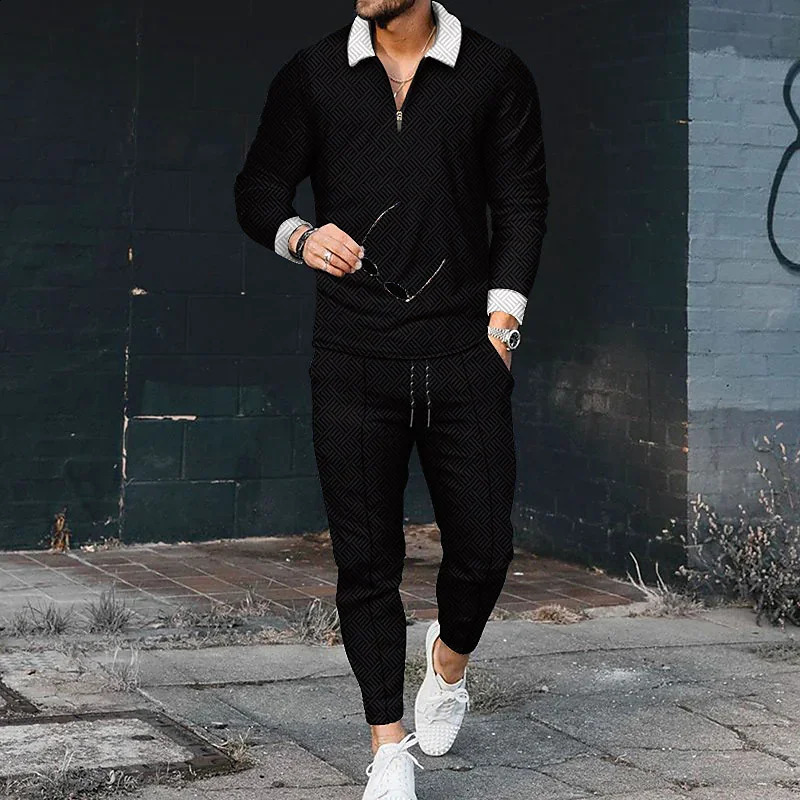 Mens Spring and Autumn Long sleeved Polo ShirtPants Set Mens Gym Sports Golf Casual Mens Travel Clothing 240824