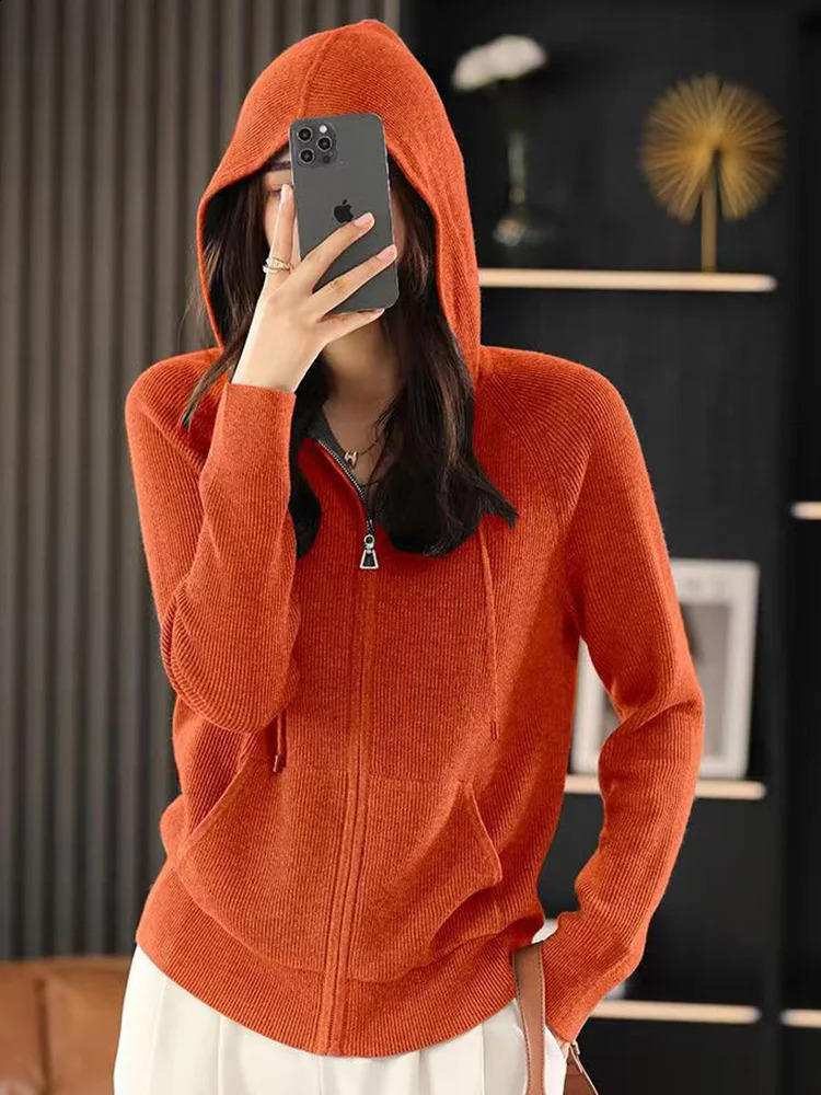 Womens Loose Knitted Long sleeve Wool Sweater Spring Cardigan Jacket Korean Tops Female Leisure Zipper Hooded Cashmere 240824