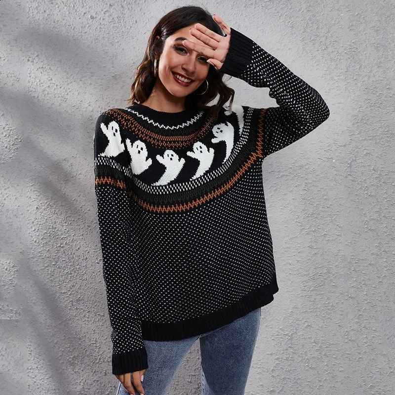 Pull imprimé crâne pull Halloween haut à manches longues col rond pull casual chaud automne hiver tricoté pulls noirs y240824