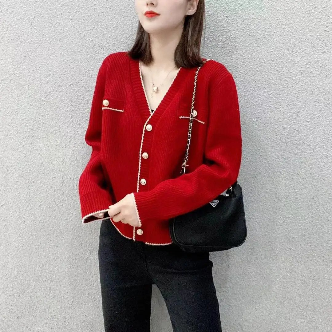 Womens Sweater Winter Button Blue Vneck Knit Tops for Woman Cardigan Red Knitwear Y2k Vintage in Promotion Korean Style 240824
