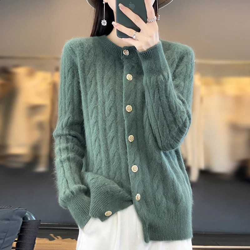 RONGYI 100 Mink Cashmere Knitted cardigan Solid Sweater 2023 Autumn Winter Woman Clothing O Collar Thickened Overcoat Top 240824