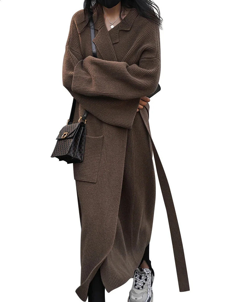 Vintage long cardigane femmes Café ceinture pull veste manchette manchette lâche décontractée en tricot coréen haut de mode 240824