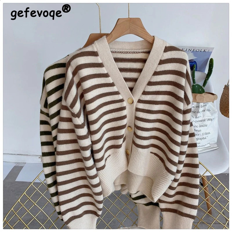 2023 Autumn Winter Women Casual Streetwear Y2K Striped Button Knitted Cardigan Female Loose V Neck Long Sleeve Soft Sweater Coat 240824