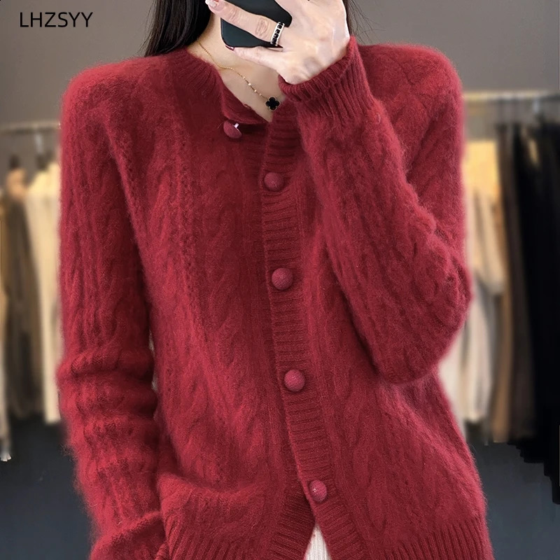 LHZSYY Autumn Winter Cashmere Cardigan Women ONeck Knit Coat Sweater Casual Large Size Shirt Tops Loose Twist Female Jacket 240824