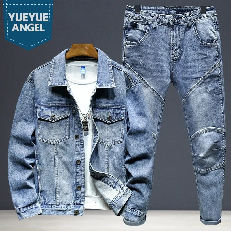 Veste en jean pour hommes et jeans Ensemble en deux pièces automne slim fit correspondant ensemble de streetwear décontracté set en laine d'hiver