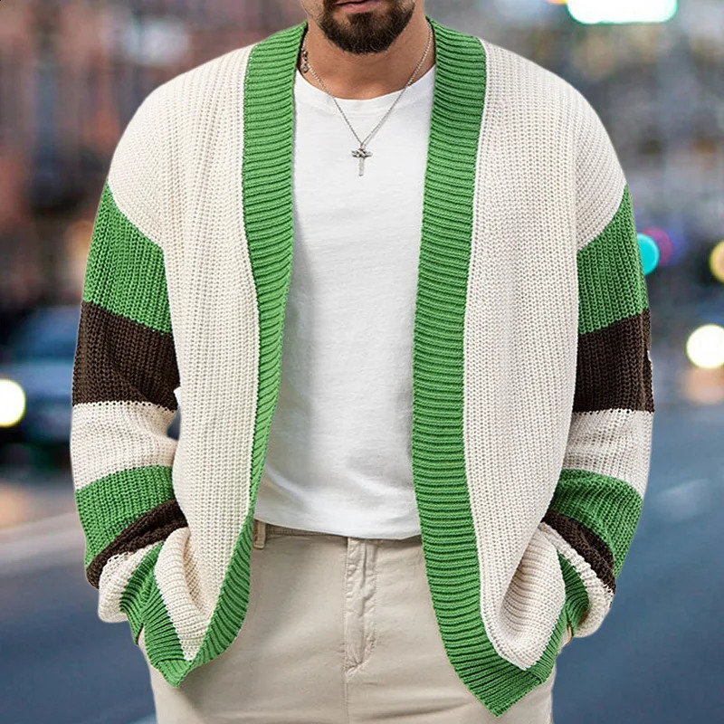 selling mens knitted sweater loose contrasting color wool cardigan jacket thick fashionable casual needle mens sweater 240824