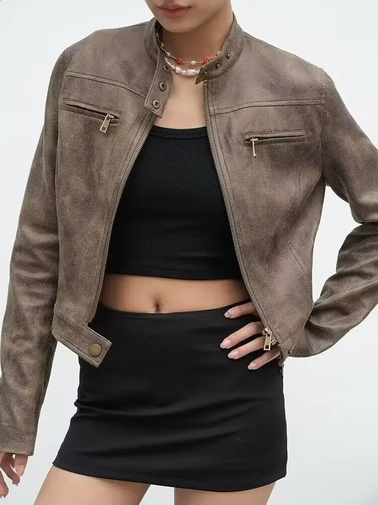 Autumn/Winter Womens Retro Street Washed Artificial Leather Jacket Womens Retro Short Ultra Thin Brown PU Motorcycle Zipper Jacket 240824