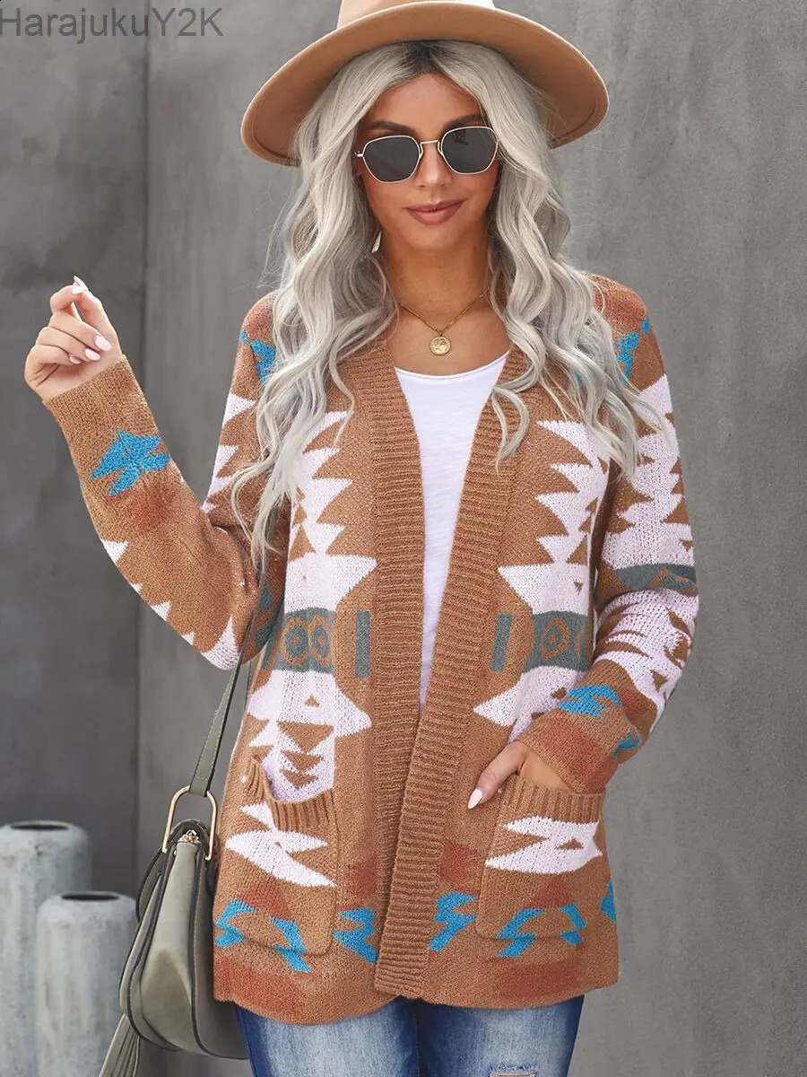 2023 Women Vintage Boho Aztec Cardigan Long Sleeve Knitted Christmas Halloween Open Front Loose Slouchy Sweaters 240824