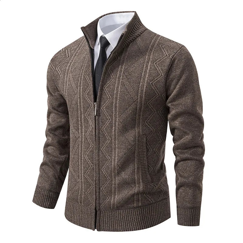 Autumn and winter mens zipper cardigan top long sleeved solid color thick style fashionable stand up collar warm knit sweater 240824