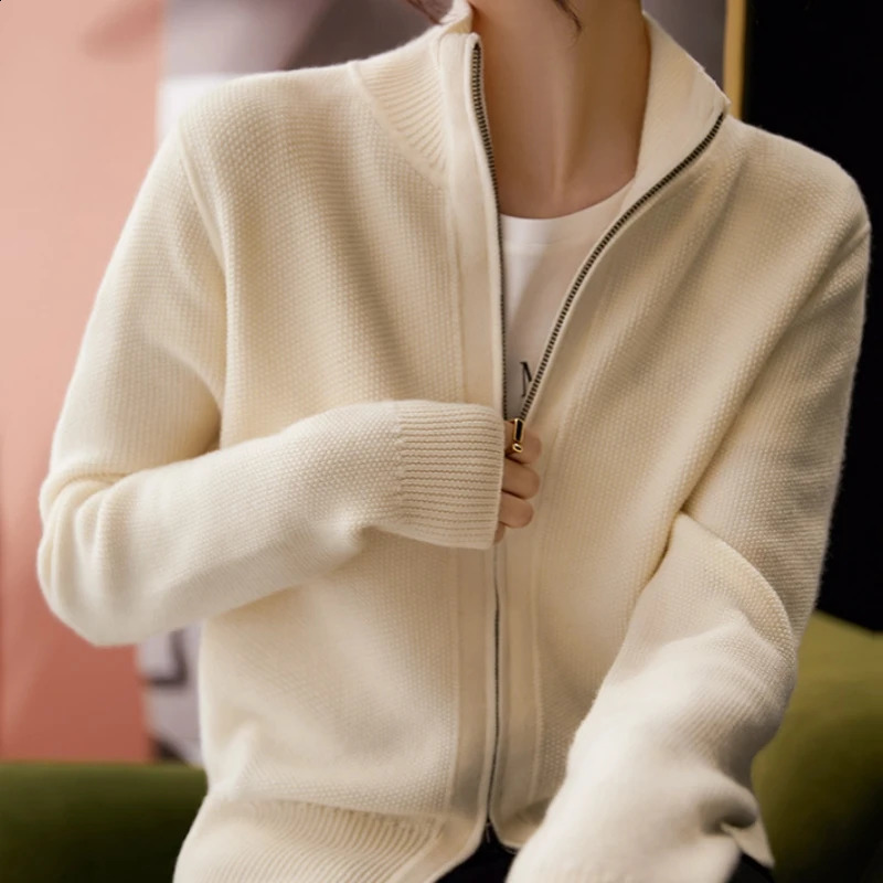 Womens AutumnWinter Zipper Knit Cardigan Pure Wool Fashion Stand Collar Double Korean Long Sleeve Sweater 240824