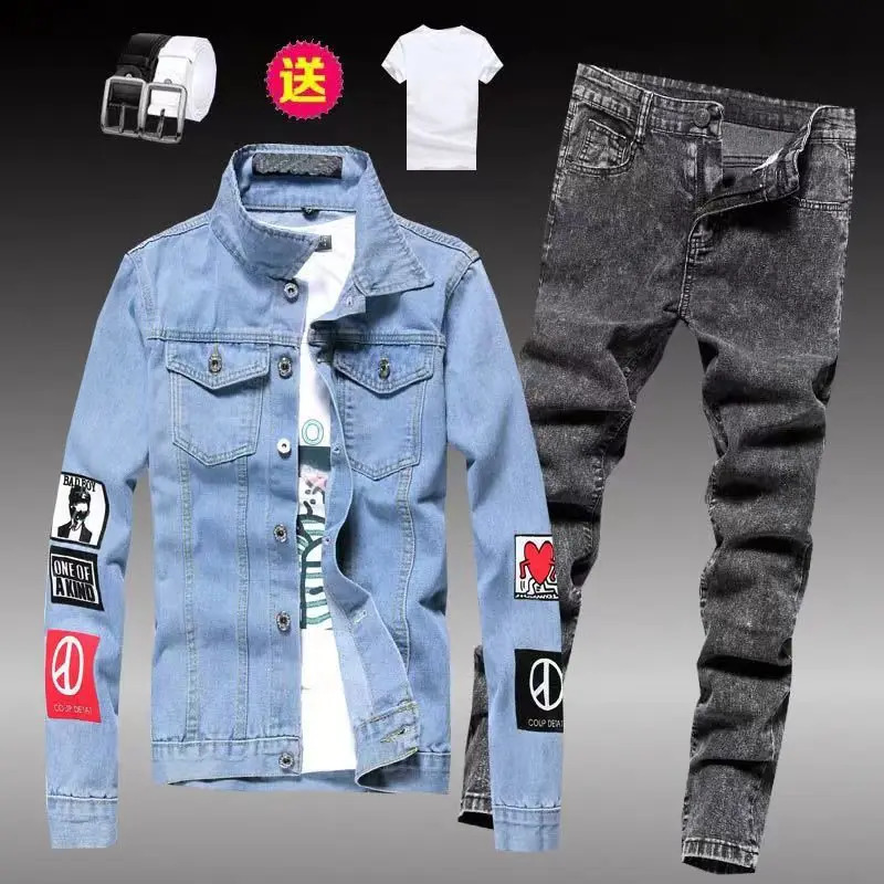 Mens denim jacketjeans pants spring and autumn set fashion letter printing jacket mens two-piece denim set 240824