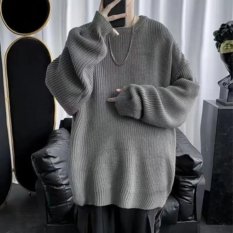 Hong Kong Style Sweater Mens Long Sleeve Trendy Loose Fit Base Layer Top Round Neck Pullover Solid Color Knitted Top Scene 240824