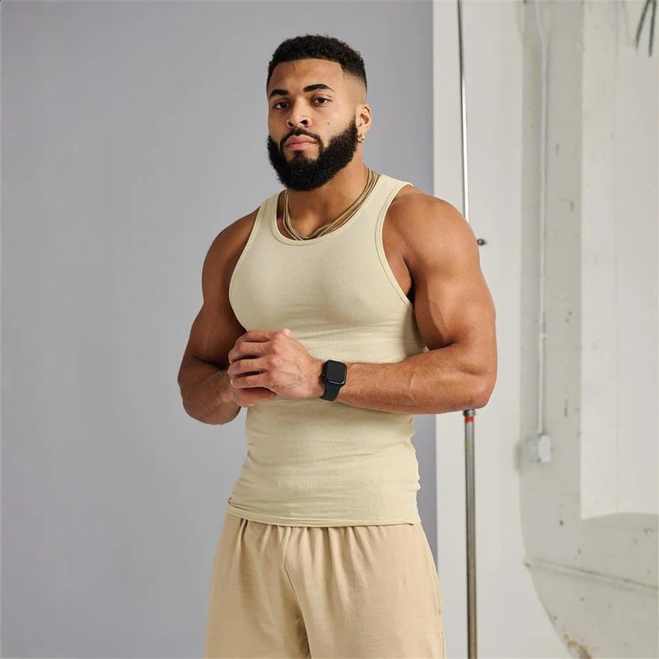 Mens summer vest with thread knitting quick drying breathable elastic sleeveless T-shirt sports and fitness training vest 240824