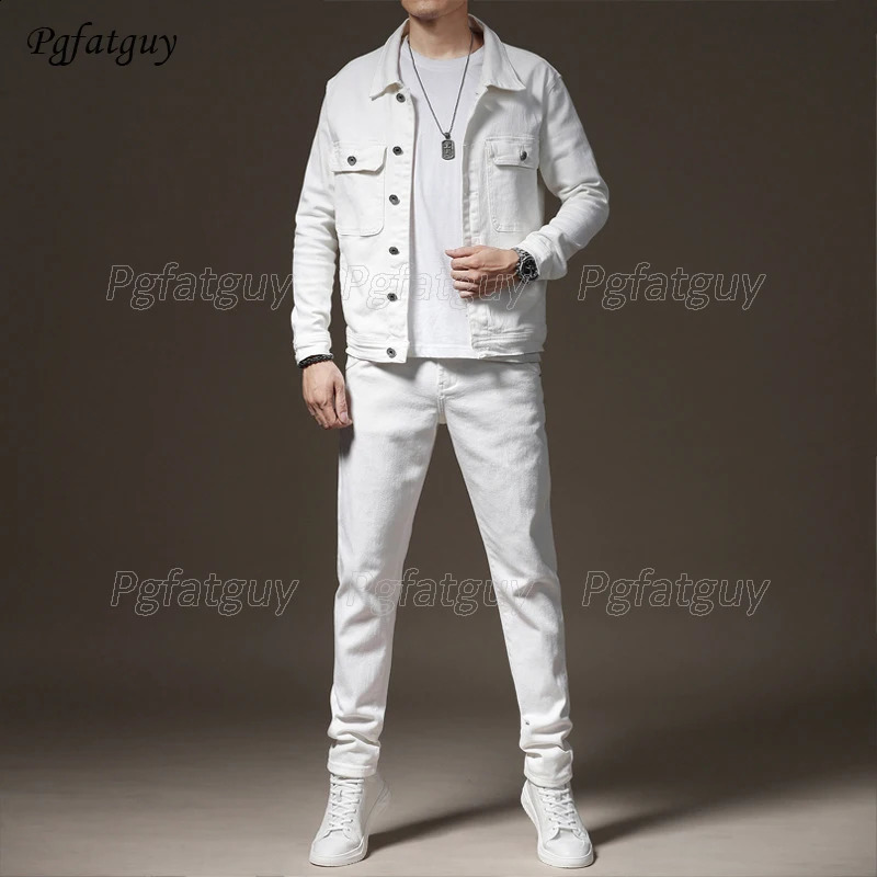 Mens white stretch jeans set casual slim fit long sleeved jacket and pants mens clothing spring autumn size M-5XL 2PCS 240824