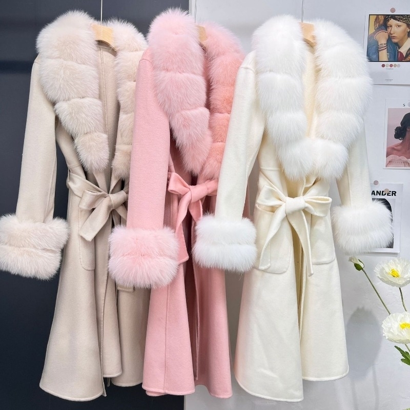 2024 Elderly Wool Blended Winter Jacket Womens Genuine Fur Coat Natural Fox Fur Collar Cuff Womens Warm Thick Coat 240824
