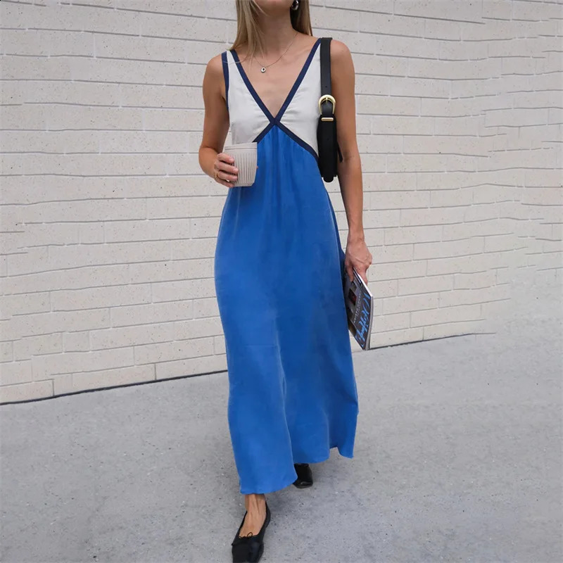 Lamuusaa satin dress womens elegant contrasting color patch work V-neck sleeveless long sleeved dress y2k cocktail party dress 240824