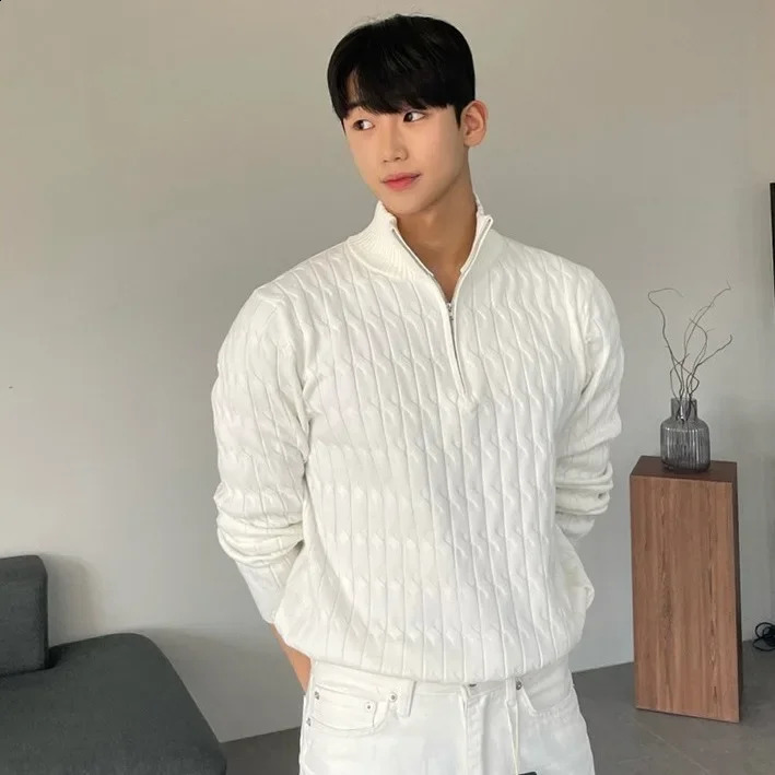 Mens Half Polo Turtle Neck Zipper Sweater Long Sleeve Knitted Top Casual Fashionable Stylish Versatile White Jacket 240824