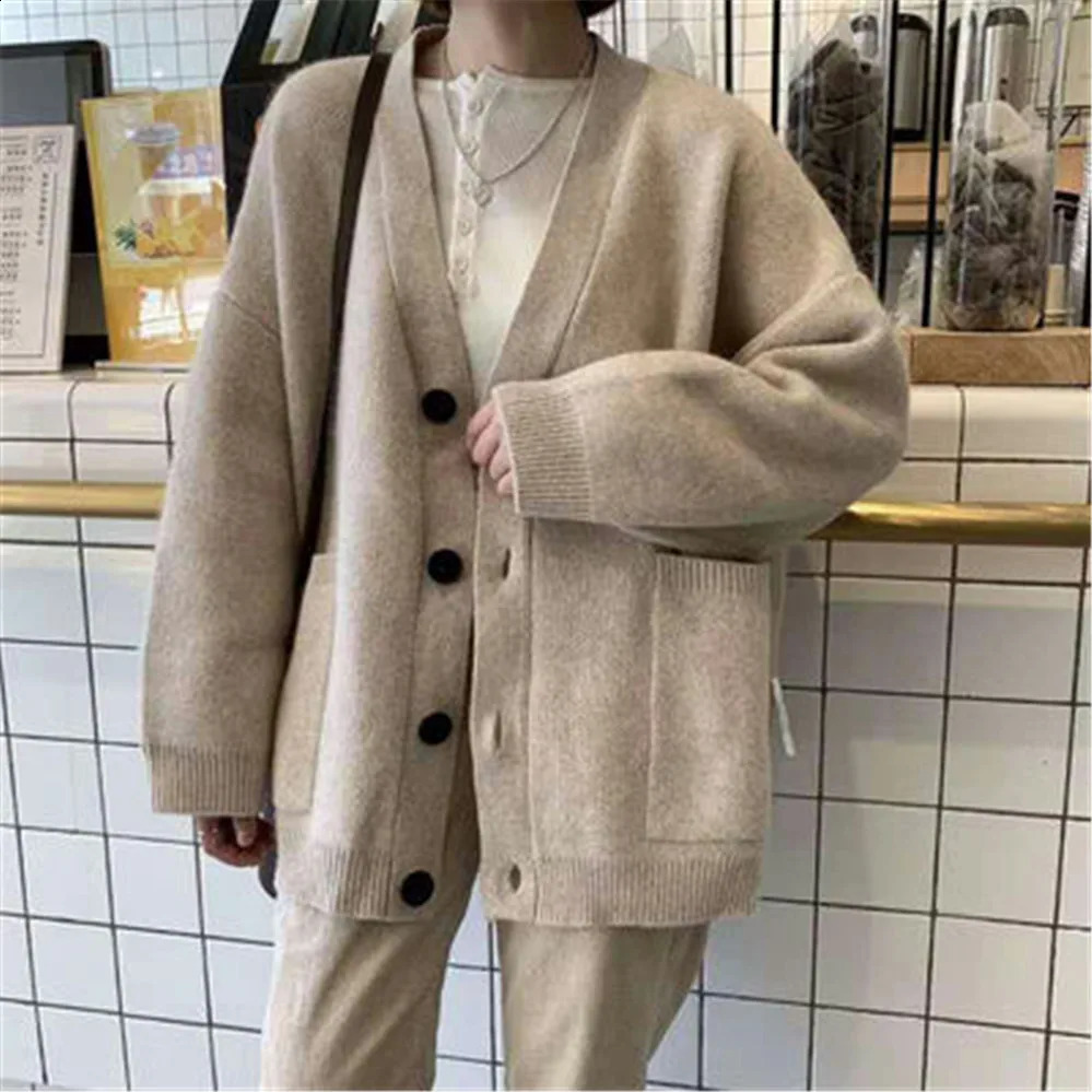 Korean Cardigan Women Autumn VNeck Pockets Knitted Sweater Womens Long Sleeve Solid Retro Daily Basic Vintage Causal Loose 240824