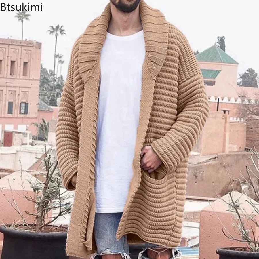 2024 Mens Cardigan Sweater Coat Knitted Medium Length Long Sleeve Lapel Pocket Solid Thicken Warm Casual Jackets 240824