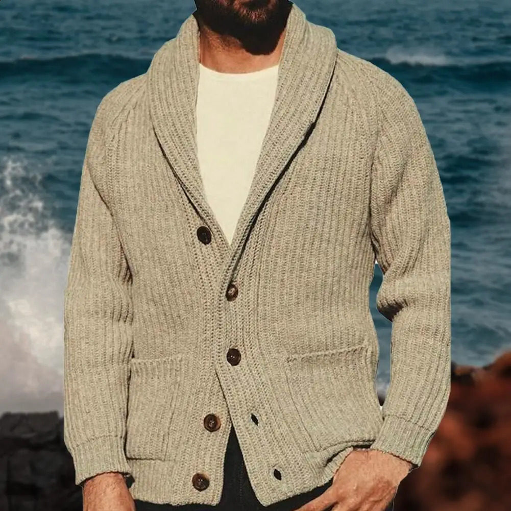 Sweater long sleeved solid color V-neck mens cardigan single chest button winter autumn knitted zipper jacket 240824