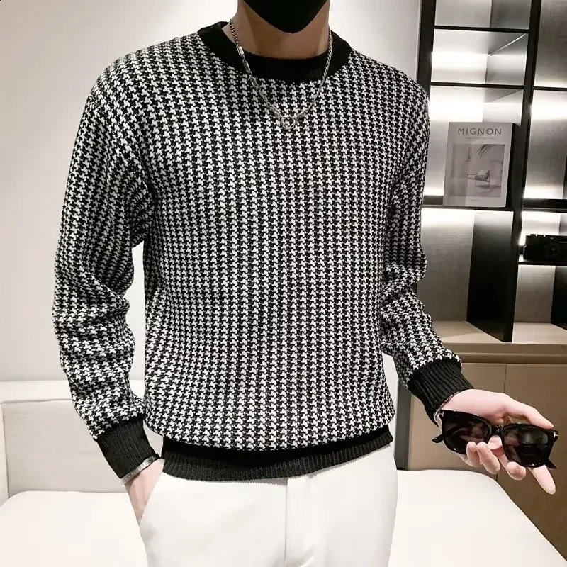 Mens casual sweater long sleeved knitted top plain weave round neck with floral pattern fashionable Korean style slim fit smooth silhouette 240824