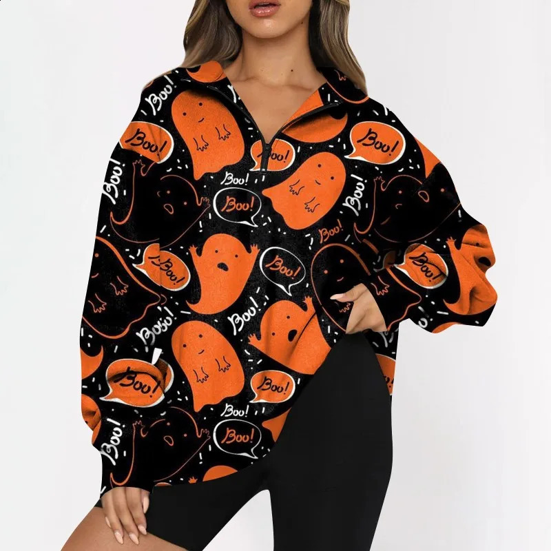 Womens Casual Lapel Zipper Long Sleeved Sweater Autumn Winter Halloween Woman Fashion Loose Hoodies Pullovers 240824