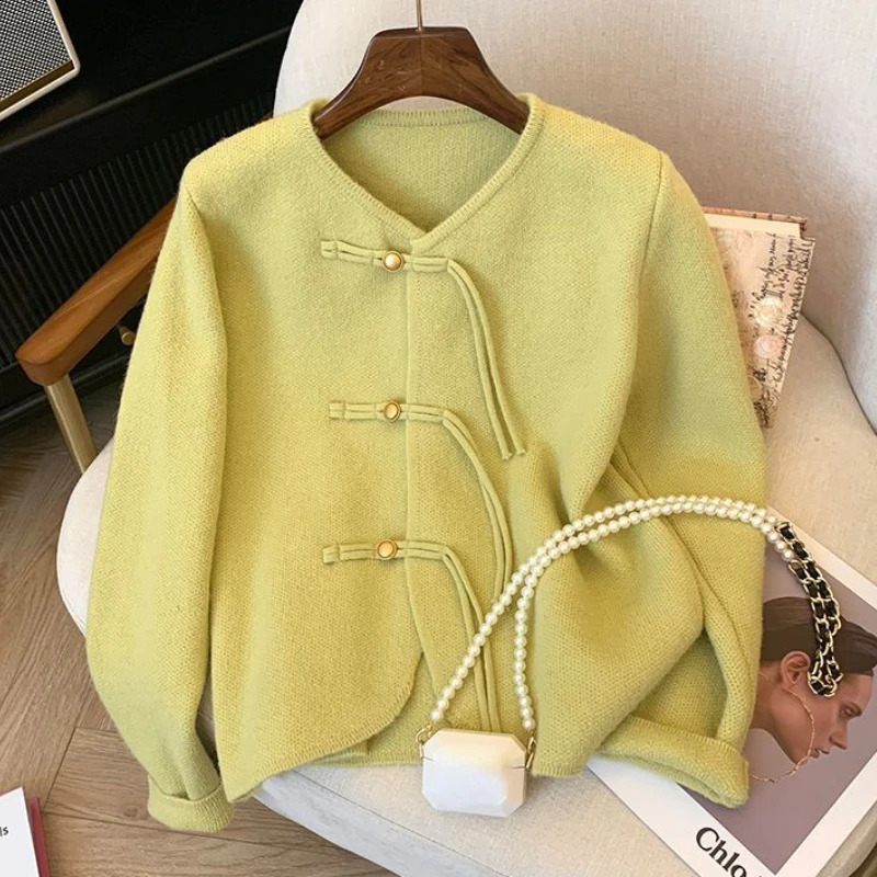 Green Knitted Cardigan Autumn and Winter Soft Comfortable Korean Fashion Sweater Coat Temperament Office Lady White 240824