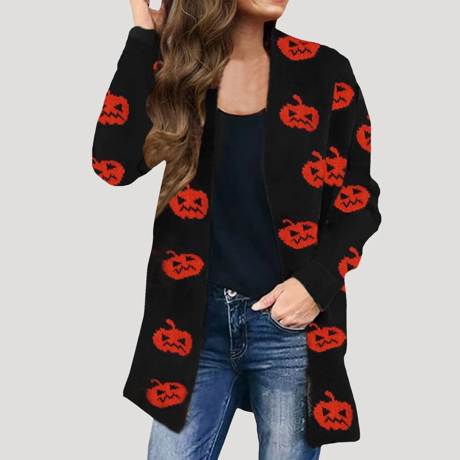 2024 WomenS Halloween Cardigan Coat Autumn And Winter Fashion Trend Casual Warm All Match Knitted Sweater 240824