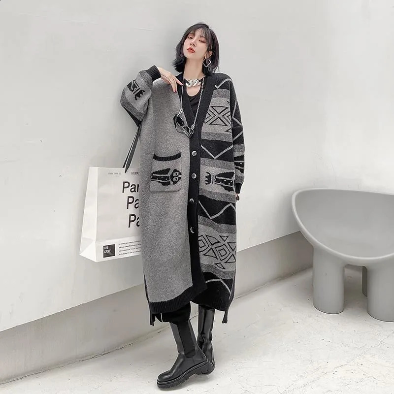 Cardigan tricot coréen surdimensionné d'hiver épais chaud pull mi-longueur des femmes en vrac à manches longues vintage vestes 240824