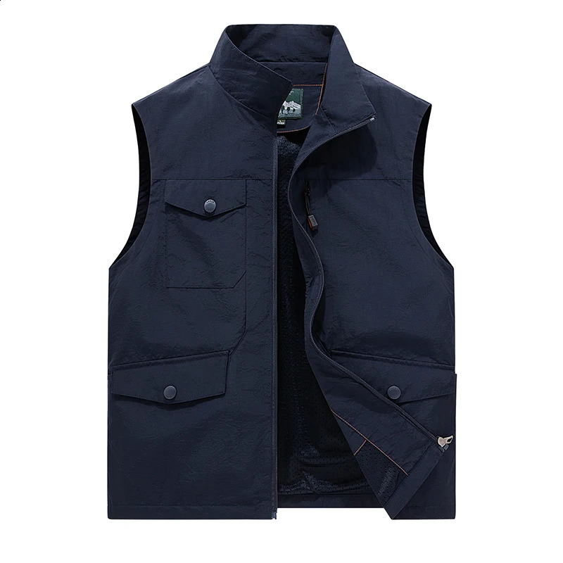 Mens Vest Outdoor Mesh Breathable Hiking Fishing Multi Pocket Stand Up Collar Tank Top Casual Mens Cargo Sleeveless Jacket 240824