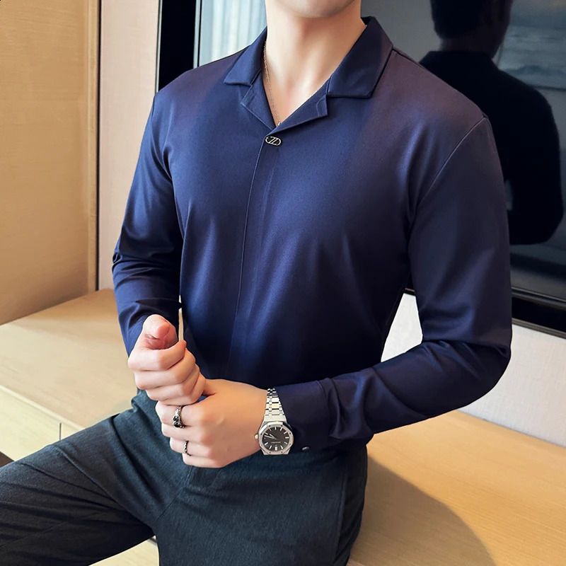 Autumn Cuban collar long sleeved mens polo shirt high-end set collar seamless T-shirt casual business T-shirt mens top 240824