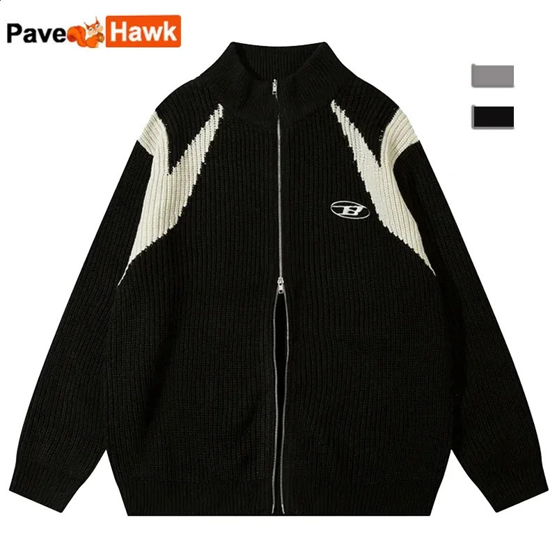 Cardigan à Double fermeture éclair pour hommes, pull en tricot ample rétro, streetwear d'automne, veste bloc de couleurs Harajuku 240824