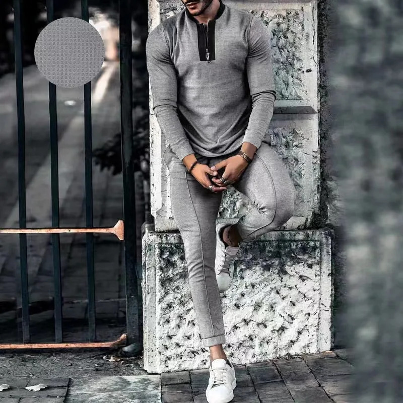 Spring and Autumn Long sleeved Polo ShirtSports Pants Set Mens V-neck Solid Muscle Sports Shirt Mens Street Clothing Retro Clothing Set 240824