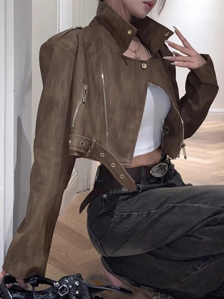Punk brown pleated leather jacket womens retro irregular zipper motorcycle leather jacket Korean casual street faux fur coat 240824