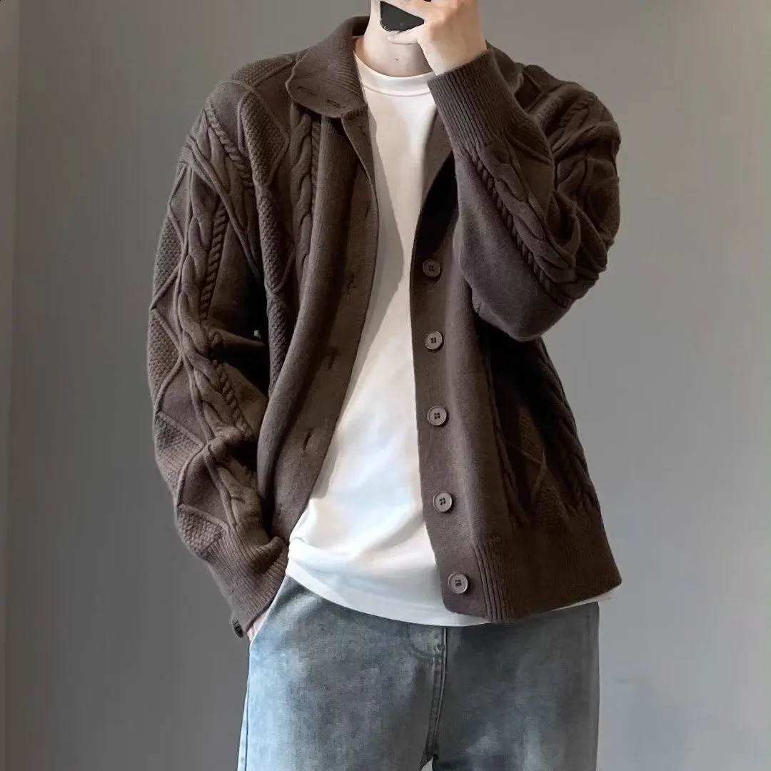 Autumn Winter Stand Collar Knitted Cardigan Mens Loose-fit Korean Style Versatile Warm Color Sweater Simple Version Jacket 240824