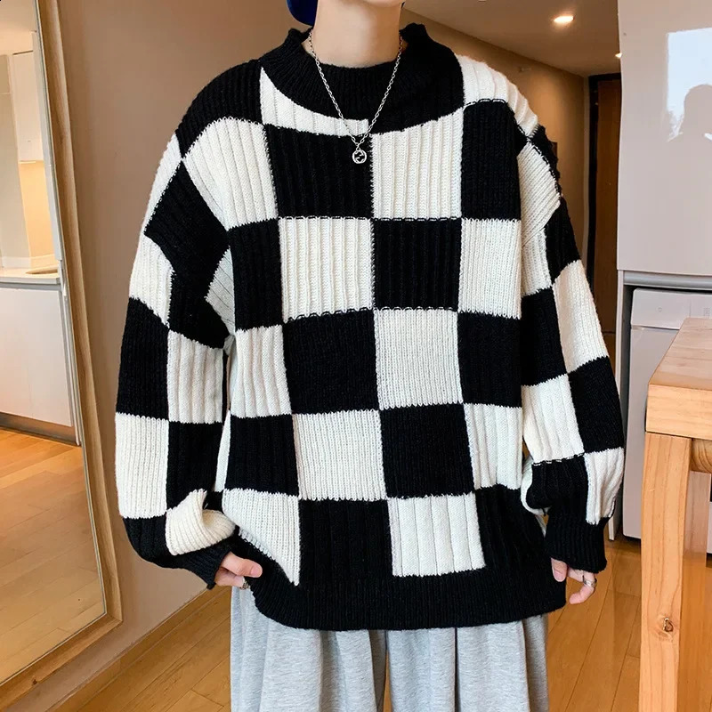Plaid à carreaux pour hommes décontracté cou rond tricot tricot coréen Style en vrac lâche Hong Kong Stylebf Cool Couple veste printemps automne
