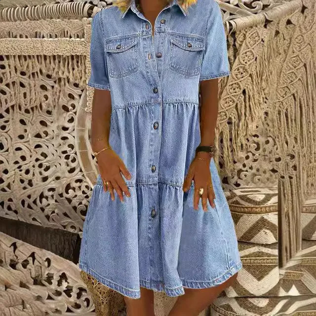 Spring and summer womens retro denim dress casual shirt loose short sleeved single breasted dress Korean womens dress 240824