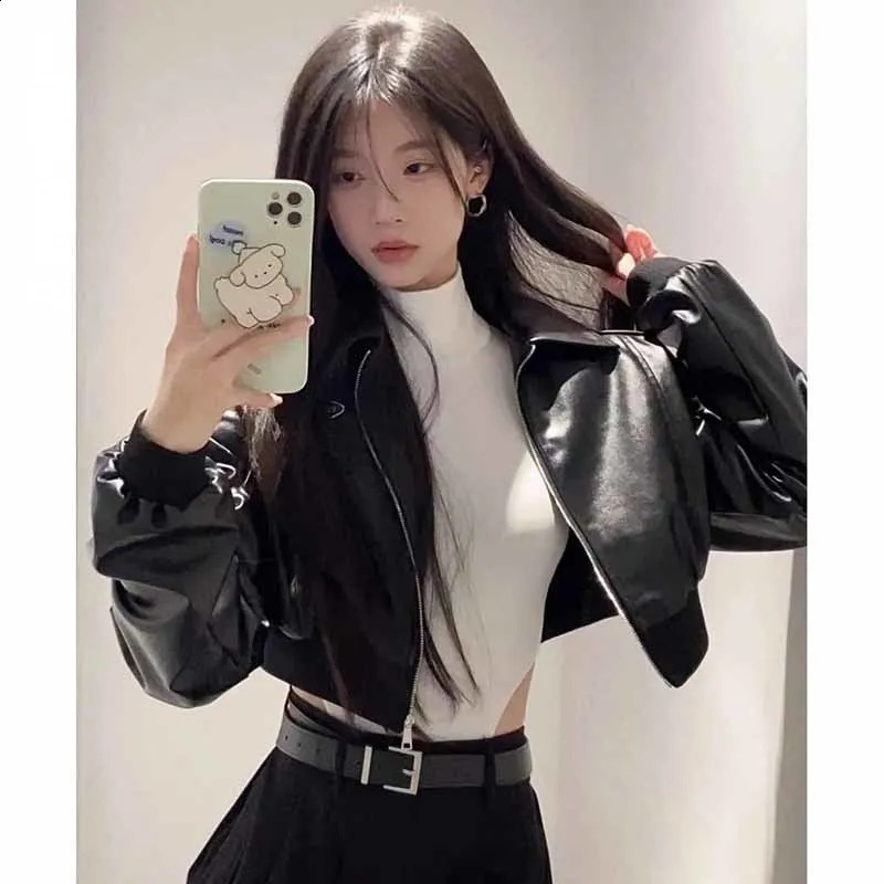 Black Motorcycle Leather Jacket Women American High Street PU Zipper Short Coats Harajuku Retro Female Bomber Outwear Spring 240824