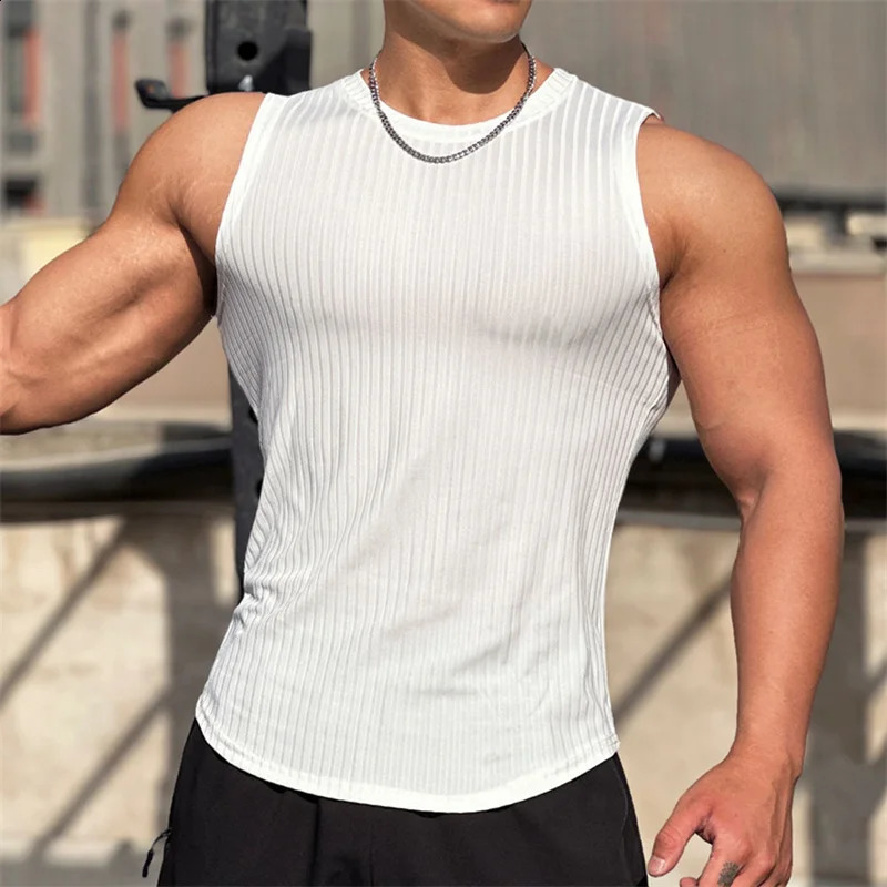 Summer Mens Fitness Tank Top Mens Fitness Sleeveless Shirt Mens Elastic Stripe Sports Underwear Mens Tank Top 240824