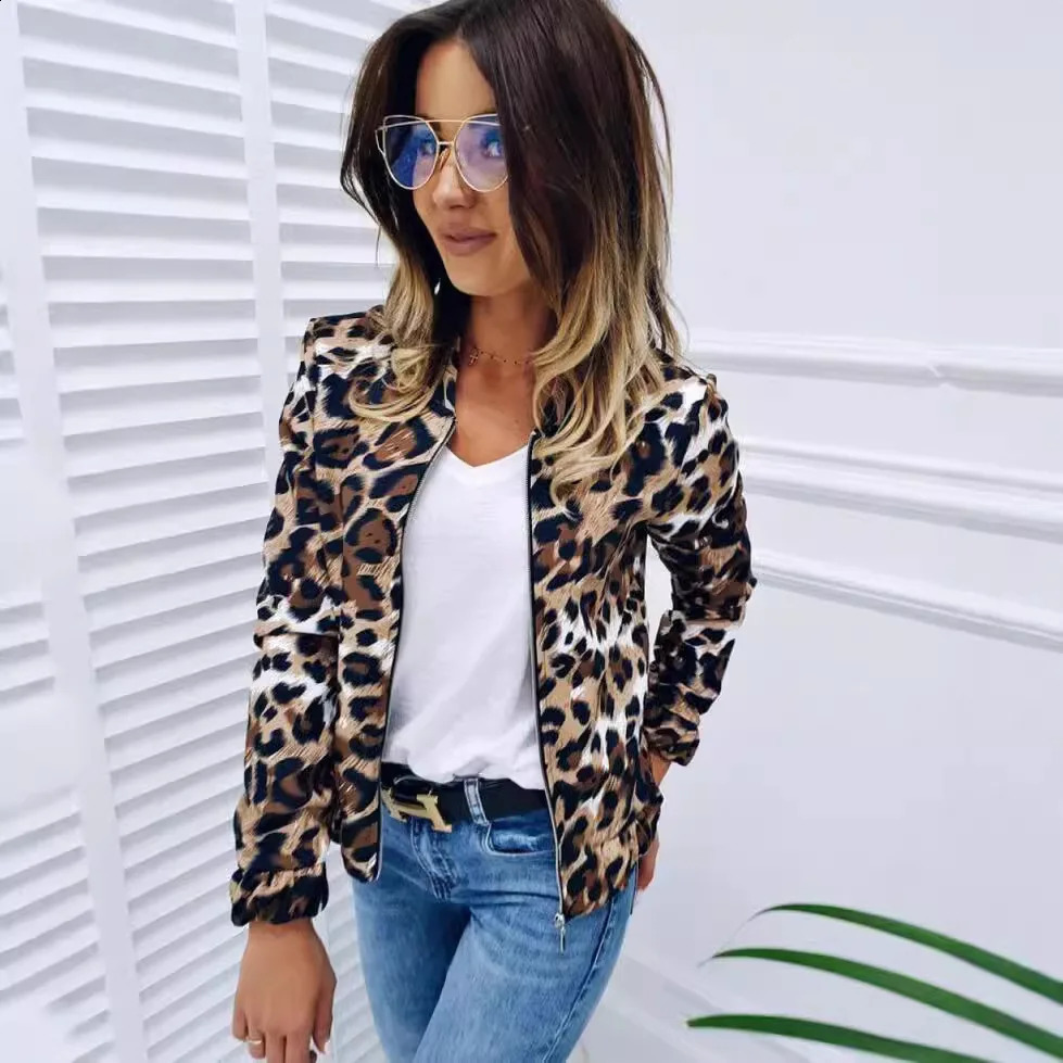 Spring Autumn Womens Leopard Print Stand Up Collar Zipper Cardigan Jacket 240824