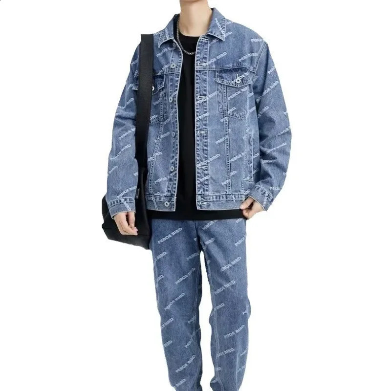 Retro mens denim jacket womens loose fit fully printed laundry suit American style street spring autumn couple set 240824