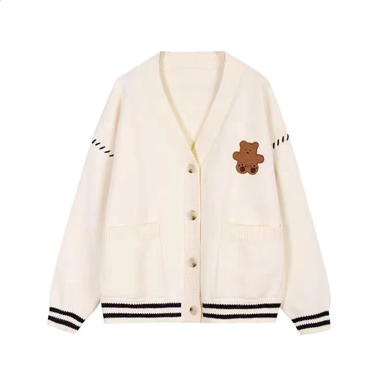 Femmes White Cardigan tricoté pull HARAJUKU ARESTHU Y2K OPPENS Long Vneck Bearrs Pulls vintage 2000 Vêtements automne 2024 240824