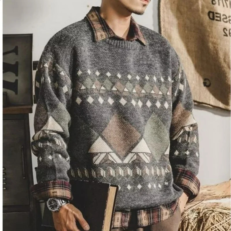 American retro mens thick checkered sweater autumn and winter round neck loose long sleeved fashionable casual knitted floral top 240824